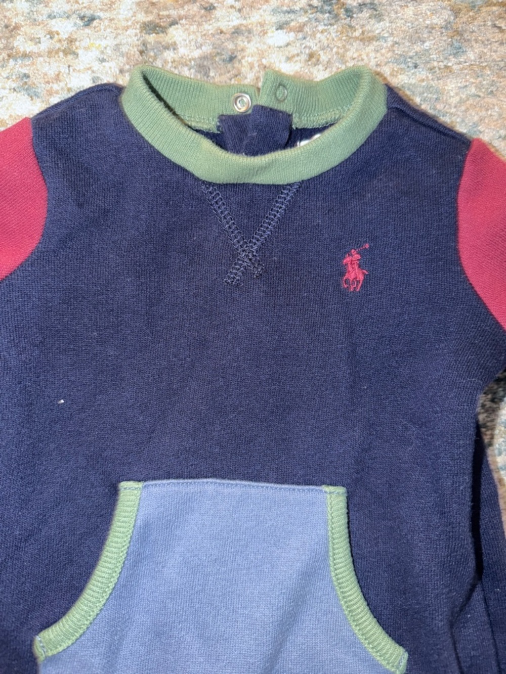 Ralph Lauren Navy Baby One-Piece with Burgundy Sleeves and Green Trim -vintage - Picture 3 of 5